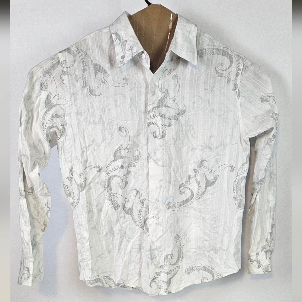 White Long Sleeve Shirt with Gray Paisley Design
